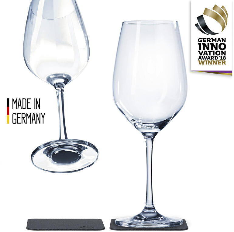 Magnetische wijnglazen, set van 2 (incl. nanogel-onderzetter) Heldere wijnglas en onderzetter, bekroond en gemaakt in Duitsland