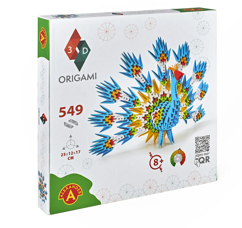 Complete set met 549 puzzeldelen en instructies. Verpakking met 3D Origami pauw, bevat 549 stukken.
