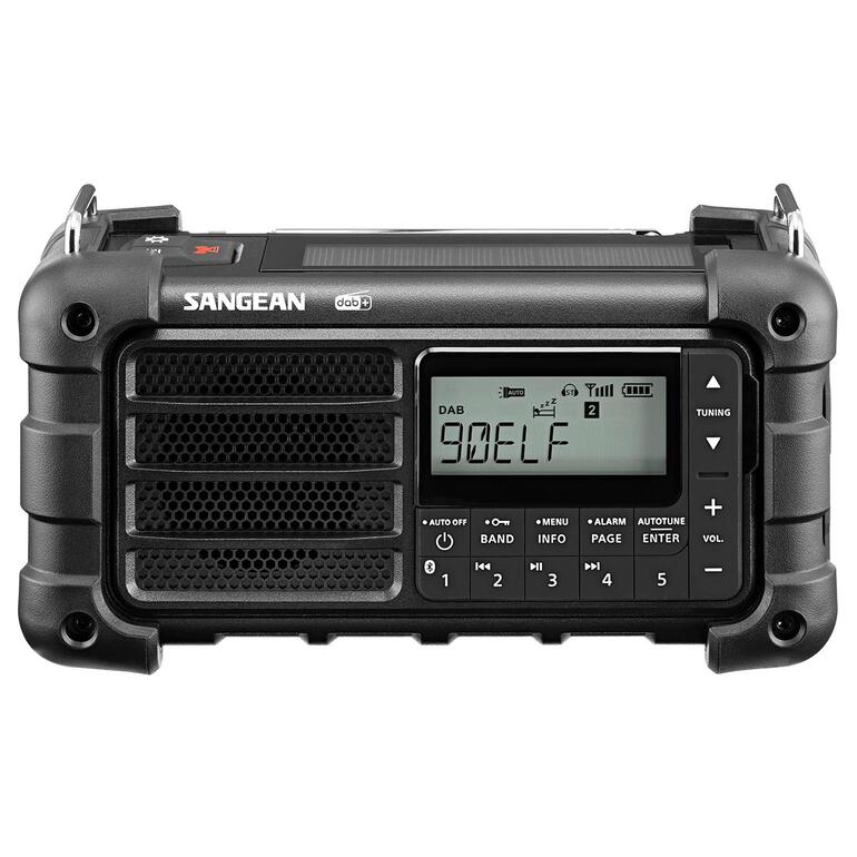 Digitale survivalradio met een zichtbaar LCD-display in close-up.