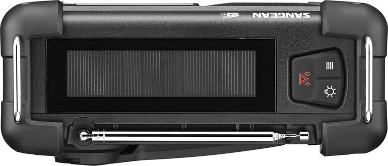 Bovenaanzicht van een digitaal survivalradio met zonnepanelen en antenne.