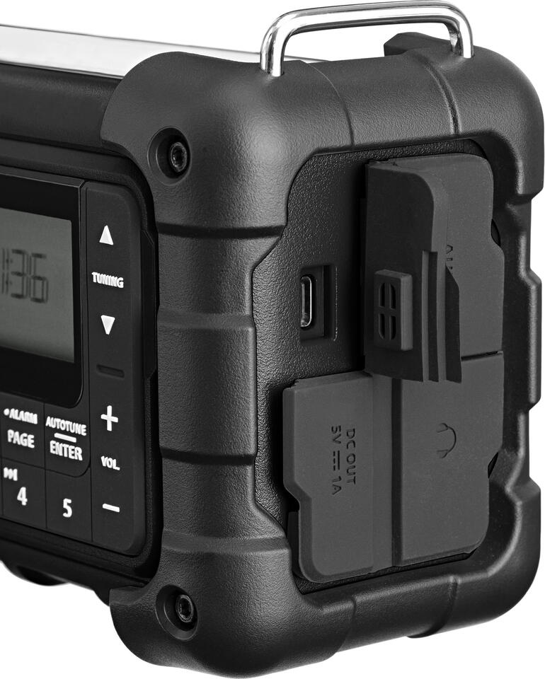 Achteraanzicht van de digitale survivalradio met USB-aansluiting.