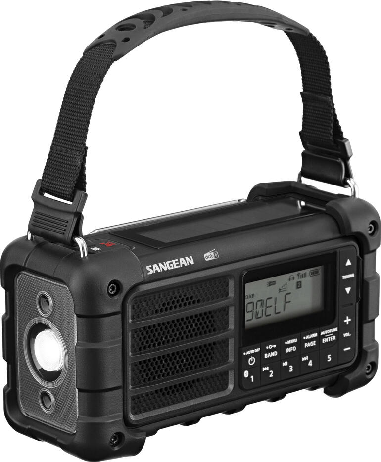 Digitale survivalradio met draagriem en bedieningsknoppen.