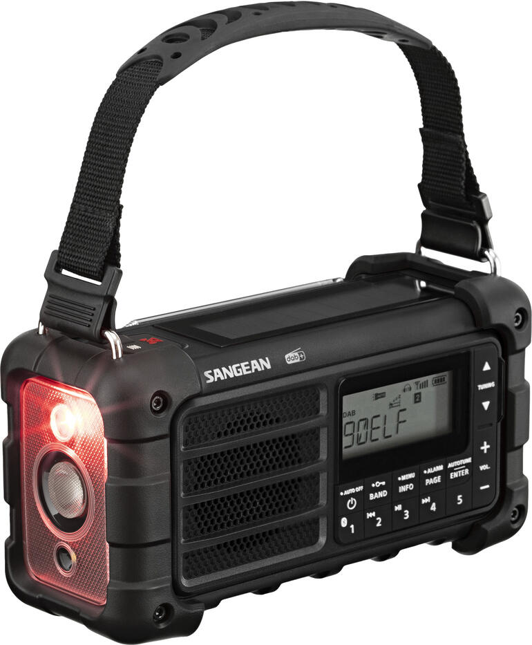 Digitale survivalradio met draagriem en rode LED-lamp.