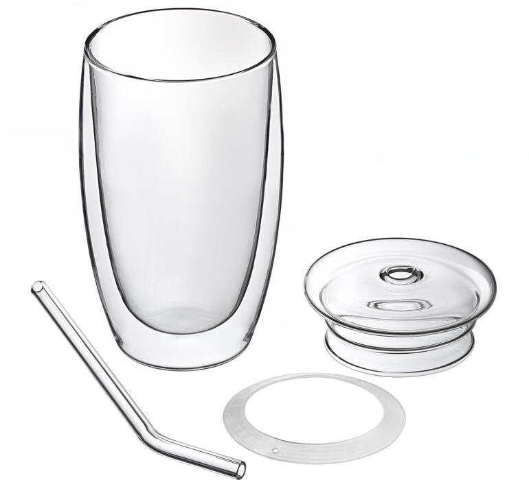 Leveringsomvang: thermoglas van 450 ml, deksel en drinkrietje. Mondgeblazen thermoglas met rietje en deksel