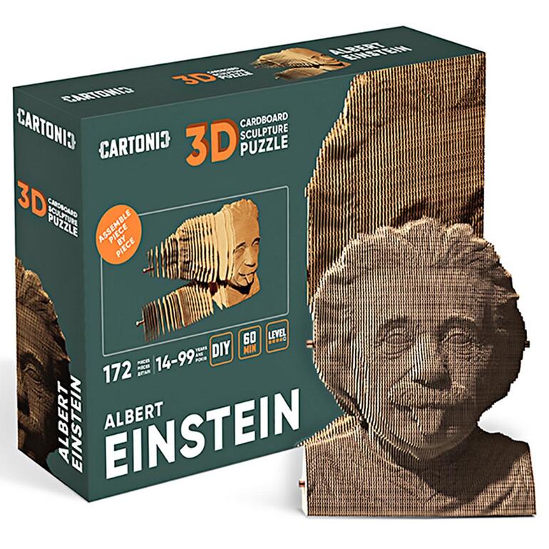 Verpakking van de 3D puzzel van Albert Einstein met het beeldje op de verpakking.