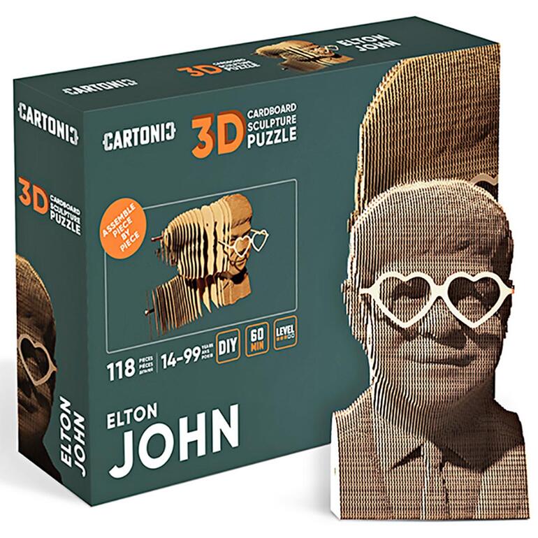 Verpakking van de 3D-puzzel met afbeelding van het kartonnen model van een man met hartvormige bril.