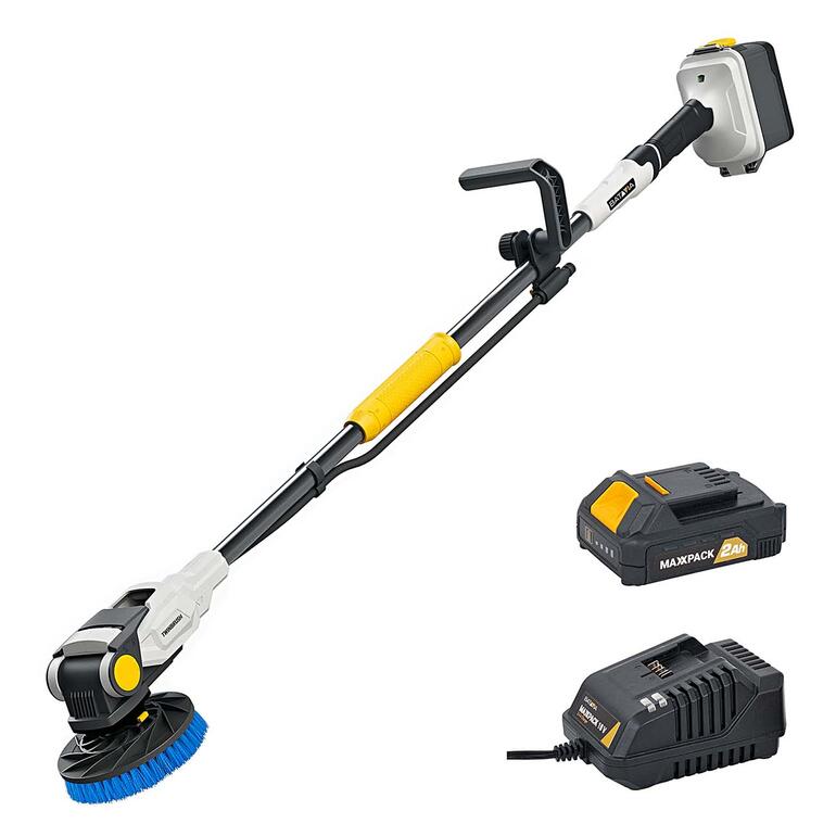 Twin Brush® elektro-schrobber met ergonomische handgreep en twee batterijen.