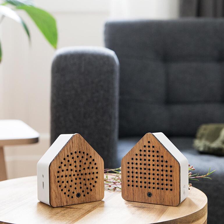 Zirpybox, 2-delige set op een tafel met een minimalistische woonkamer op de achtergrond.