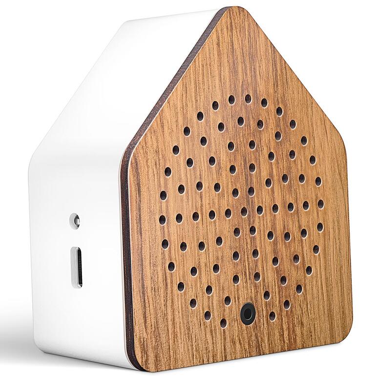 Gebruik de set van 2 Zirpyboxen met mono of stereo surroundsound. Enkele Zirpybox met houten voorkant en perforaties op witte achtergrond.