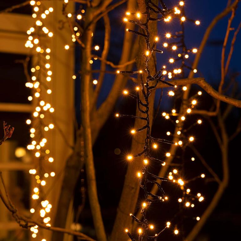 Waterval lichtsnoer straalt uit een boom bij schemering