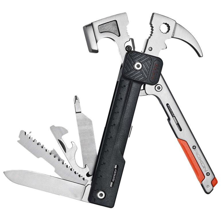 De veiligheidsschuiven voor het handgreepgedeelte en gereedschappen opzij voorkomen onbedoeld openen of sluiten. Open liggend 17-in-1 multi-tool met hamer en verschillende gereedschappen