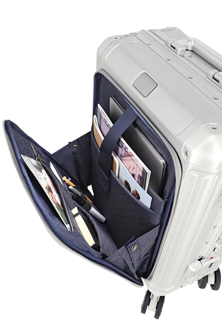 Detailweergave van de binnenkant van de aluminium handbagage trolley met opbergmogelijkheden.