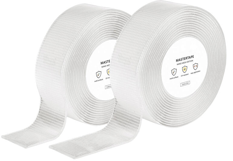Twee rollen transparante, afscheurbare power-tape op een witte achtergrond.