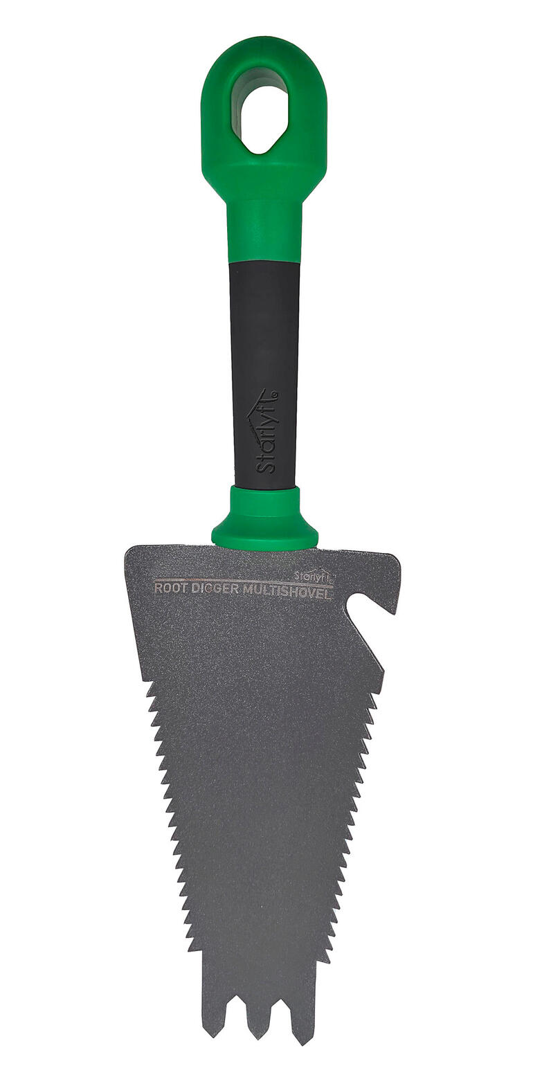 Handschep met zaagtanden Zaagtand-handschep met groene handgreep, op een witte achtergrond.
