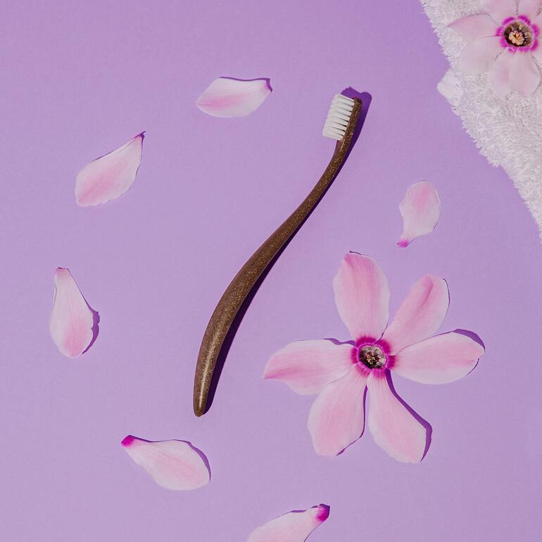 Houten tandenborstel op paarse achtergrond met bloemblaadjes.