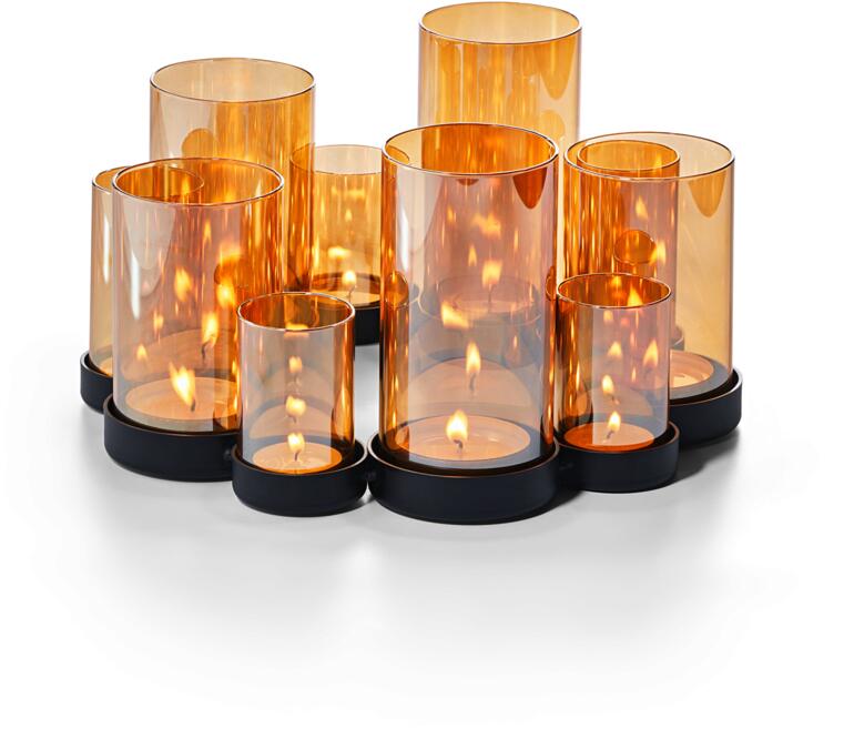 amberkleur (groot) Windlicht Lichtermeer met verschillende transparante glazen en flikkerend kaarslicht.