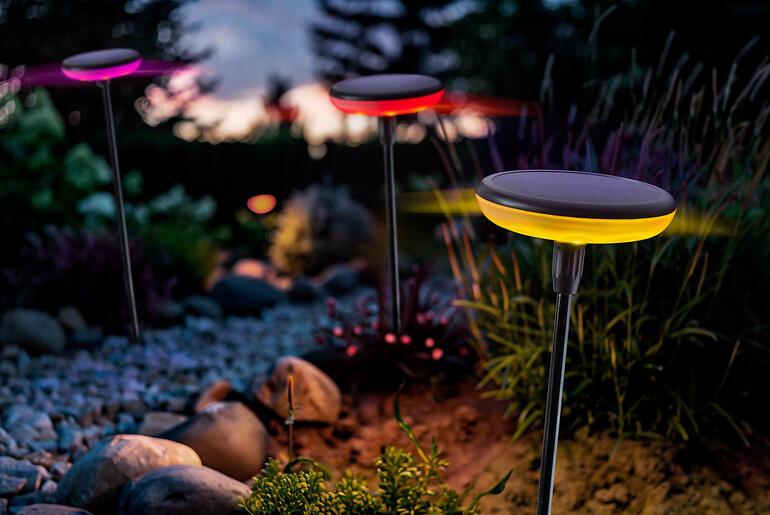 Zonnebrandverlichting met kleurverandering die in een tuin straalt.