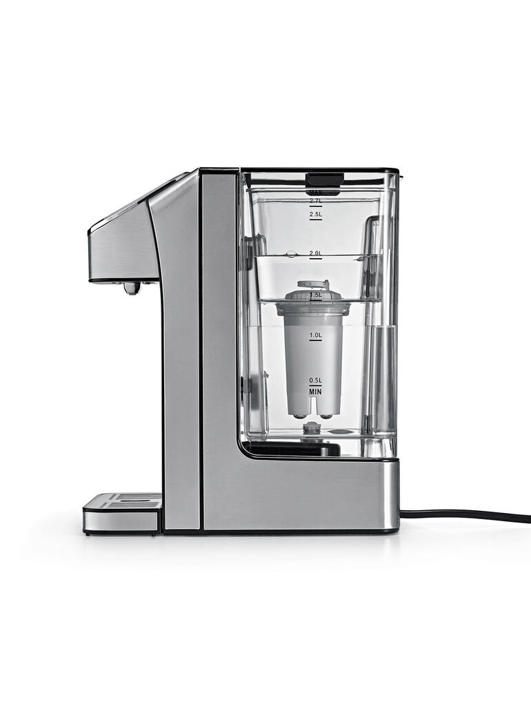 Zijaanzicht van de Turbo-ketel voor heet water, waterfilter zichtbaar.