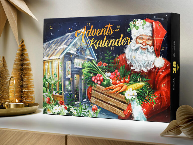 Zaad-adventskalender geïllustreerd met een kerstman en groenten.