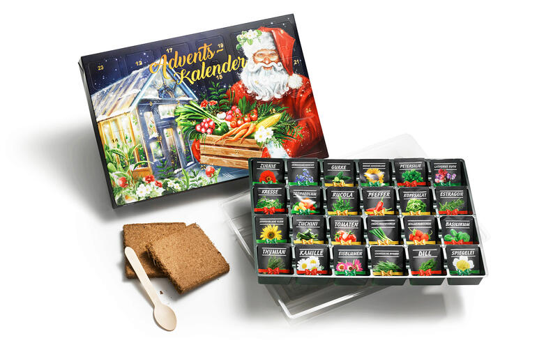 U kunt zich verheugen op 24 zakjes met zaden voor diverse salades, kruiden, groenten of bloemen – plus 1 minikas als extra verrassing (incl. aanplantaarde en deksel voor de zaailingen). Open zaad-adventskalender met verschillende zaadzakjes en peperkoek.