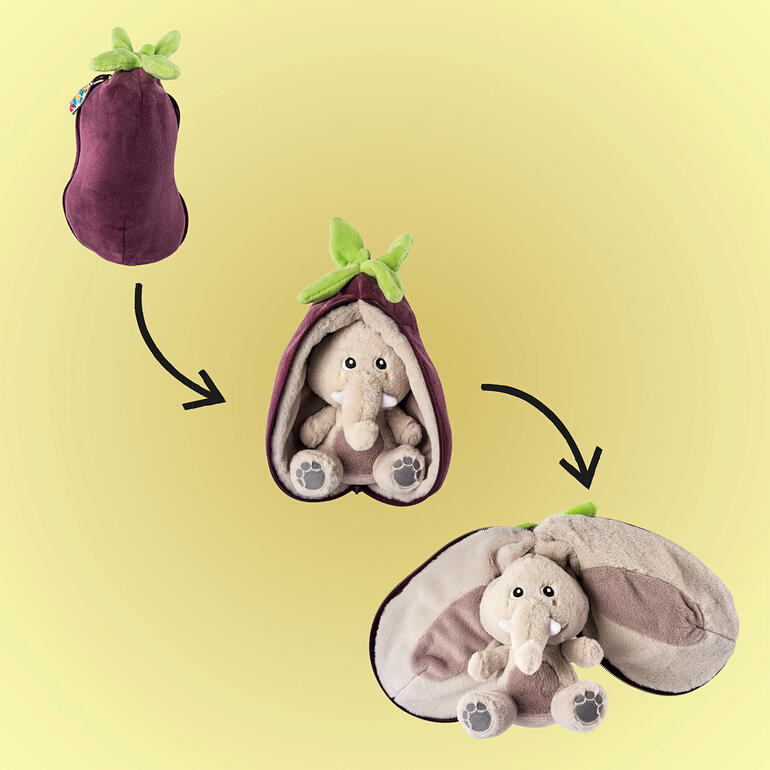 Veggie-wendend knuffeldier, aubergine verandert in een olifant.