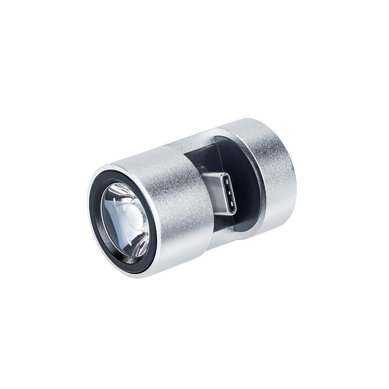De ultralichte opzetzaklamp is geschikt voor vrijwel alle gangbare smartphones met een USB-C- of Lightning-poort. Zilveren smartphone zaklamp met USB-aansluiting