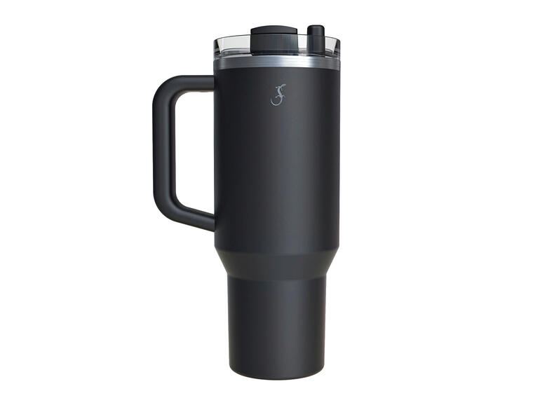 Ook verkrijgbaar in zwart. XL Thermos drinkbeker in zwart, rechtopstaand op een witte achtergrond