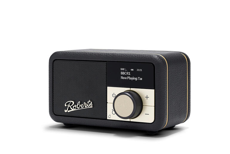 Zwarte Roberts Revival Petite 2 tafelradio met draaiknop en display.