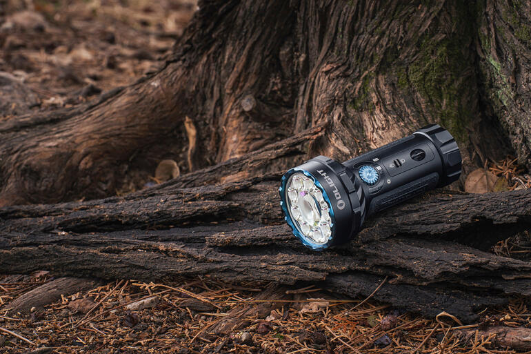 Compacte zaklamp op een boomstronk in het bos.