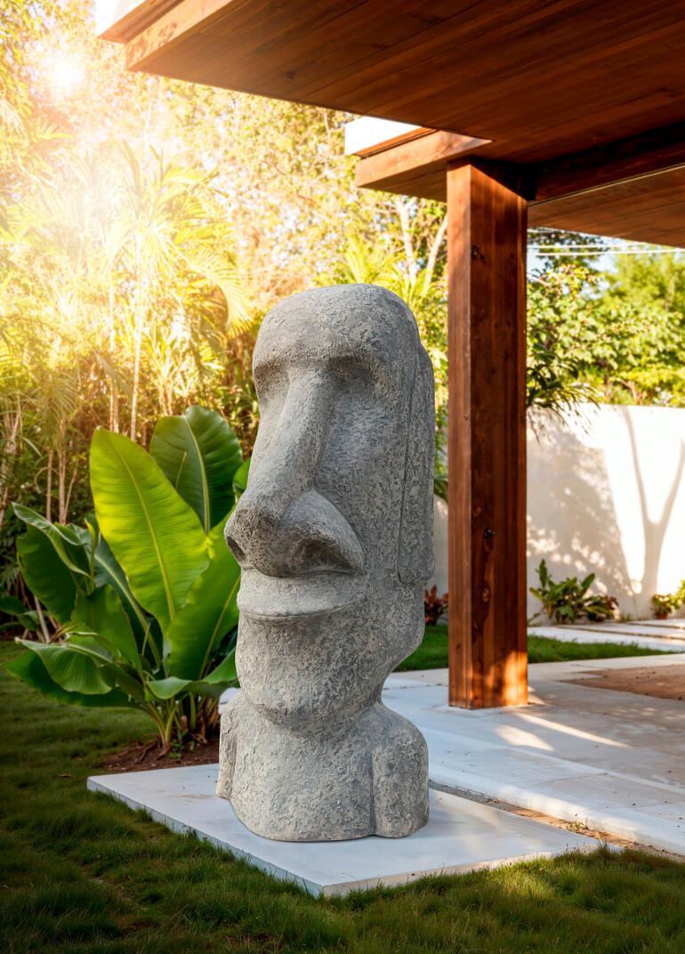 Moai-beeld Moai standbeeld staat in de tuin voor een modern gebouw