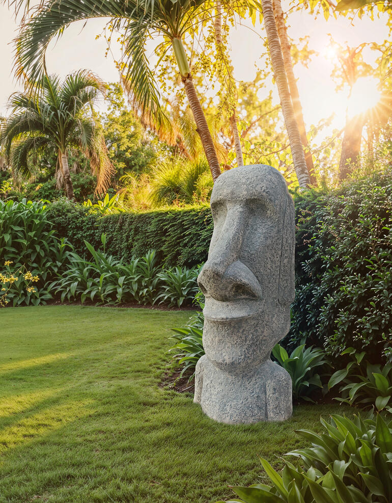 Moai standbeeld in een tuin met palmbomen en zonlicht
