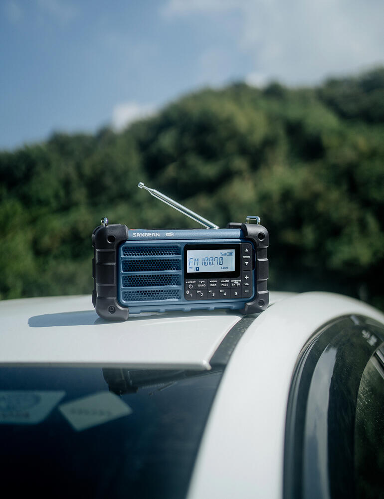 Zwart radio op auto met antenne, achtergrond toont groen landschap.