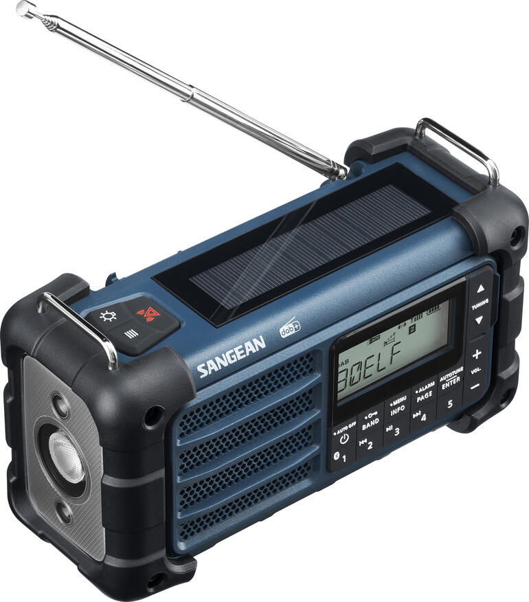 Blackout-radio in blauw, met antenne en bediening.