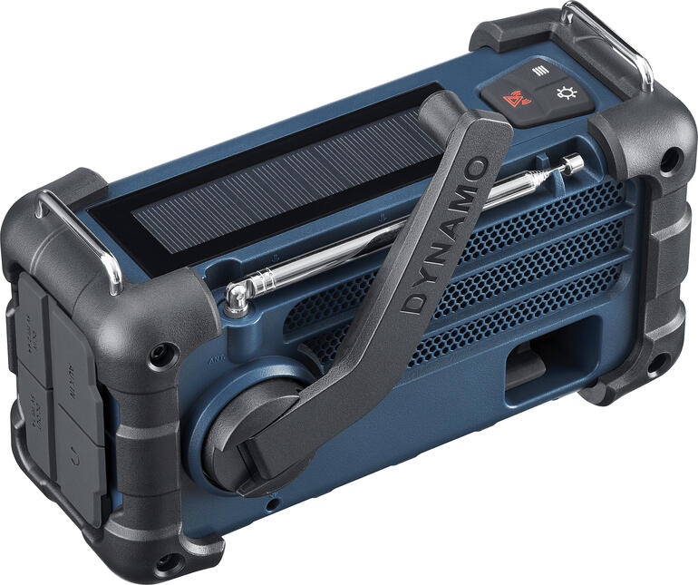 Blackout-radio in blauw, toont de handcrank voor stroomvoorziening.
