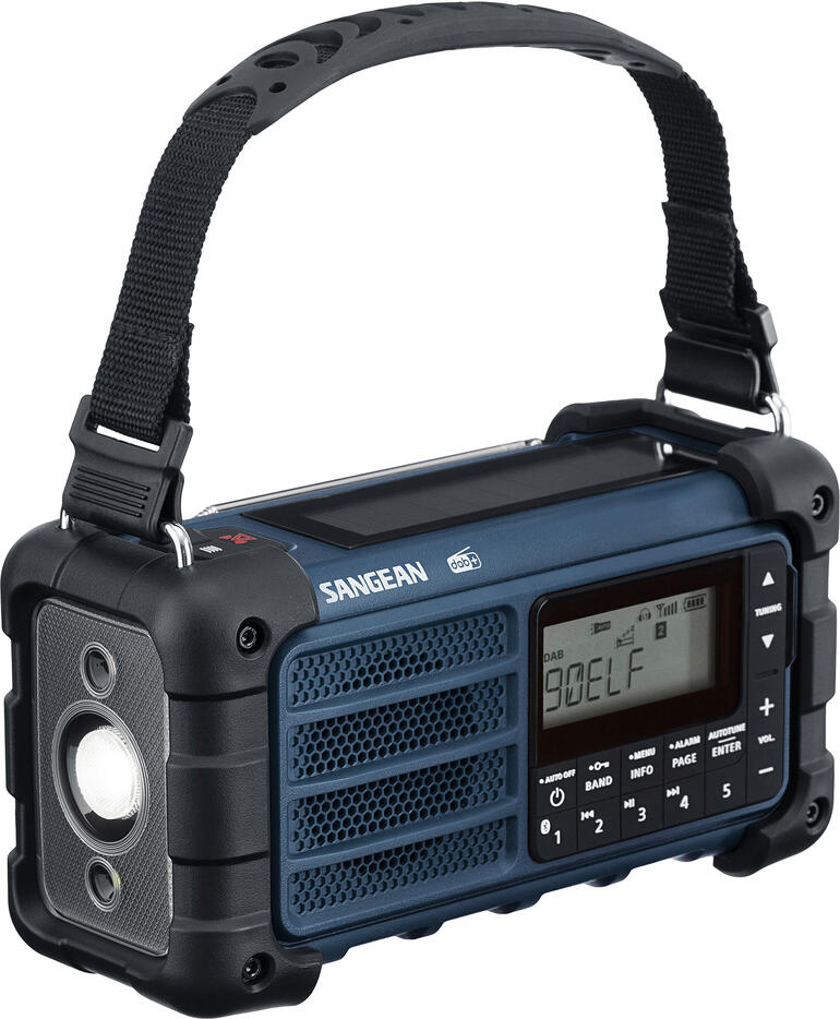 Robuuste, draagbare blackout-radio in blauw met schouderriem.