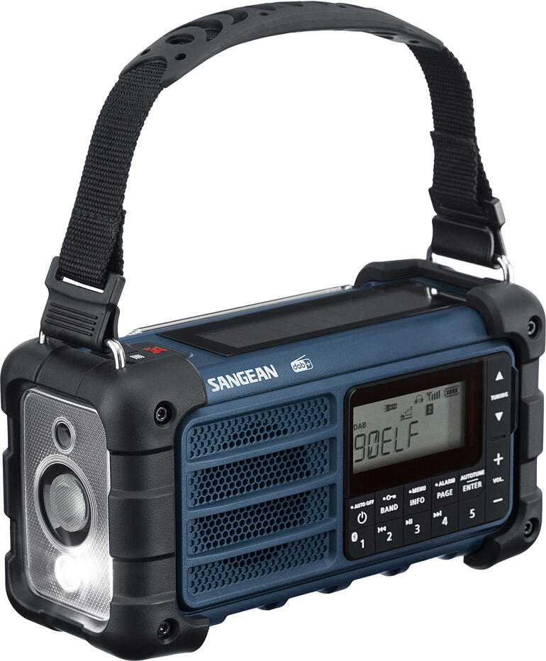 Robuuste, draagbare blackout-radio in blauw met schouderriem.