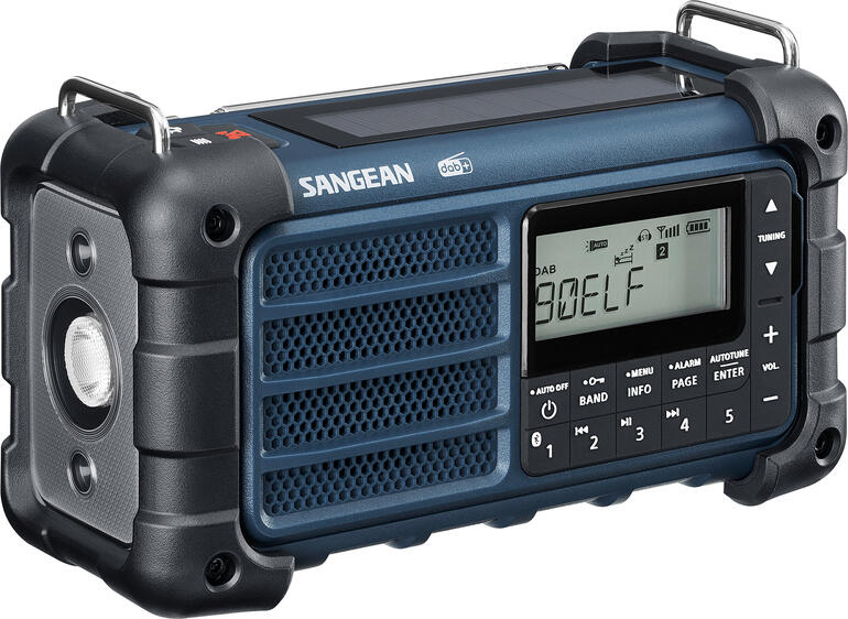 Robuuste, draagbare blackout-radio in blauw met digitaal display.