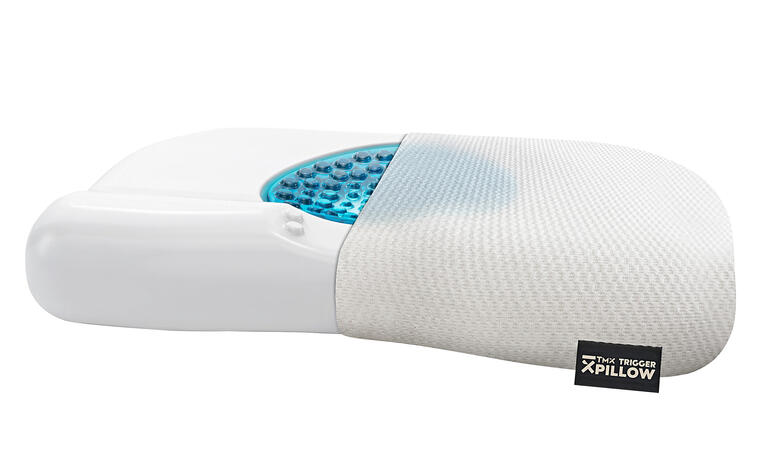 Koelend Technogel® voor een prettige slaap. Koelend Trigger-kussen met blauwe koeloppervlak in zijaanzicht.