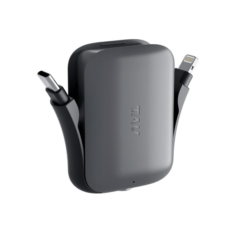 Geïntegreerd: dubbele aansluiting met Lightning, micro-USB en USB C. 3-in-1 Mini-oplaadbare batterij 2.0 met uittrekbare kabels.