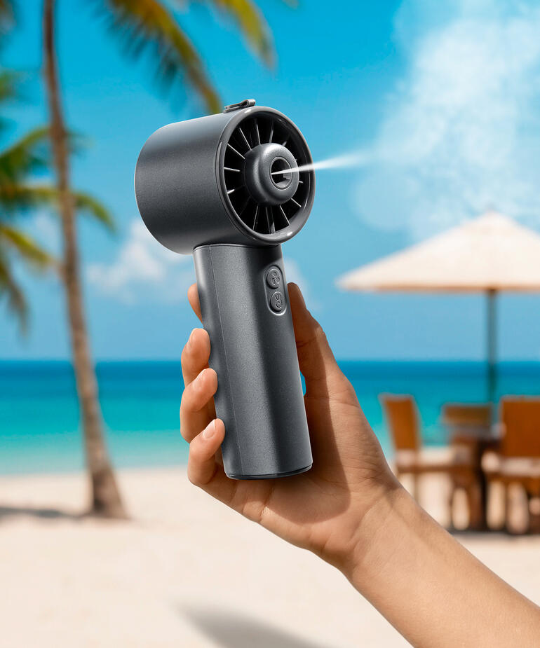 Hydro-miniventilator Hand houdt een Hydro-Mini-ventilator bij het strand met palmbomen op de achtergrond.