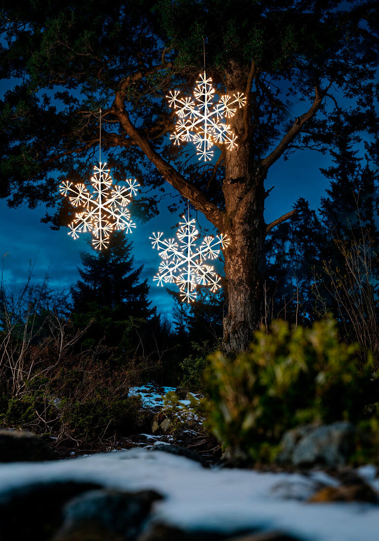 Ook heel mooi als set van 3, bijvoorbeeld opgehangen in een boom. Lichten van sneeuwvlokken hangen aan een boom in een winterlandschap.