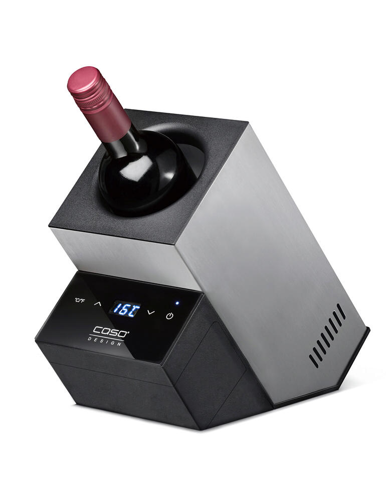 Design draagbare wijnkoeler met een fles rode wijn en een digitaal display