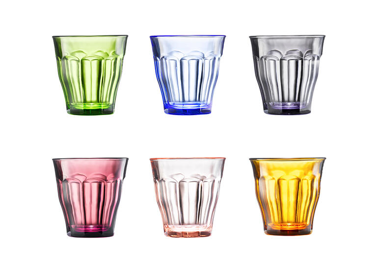 Kleur set van 6 Picardie-glazen, verschillende kleuren in klassieke vorm.