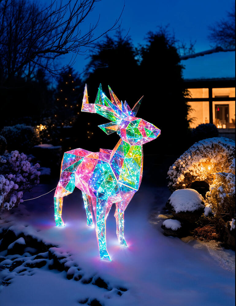 Schitterend hert gemaakt van lichtreflecterende materialen in de sneeuwtuin.