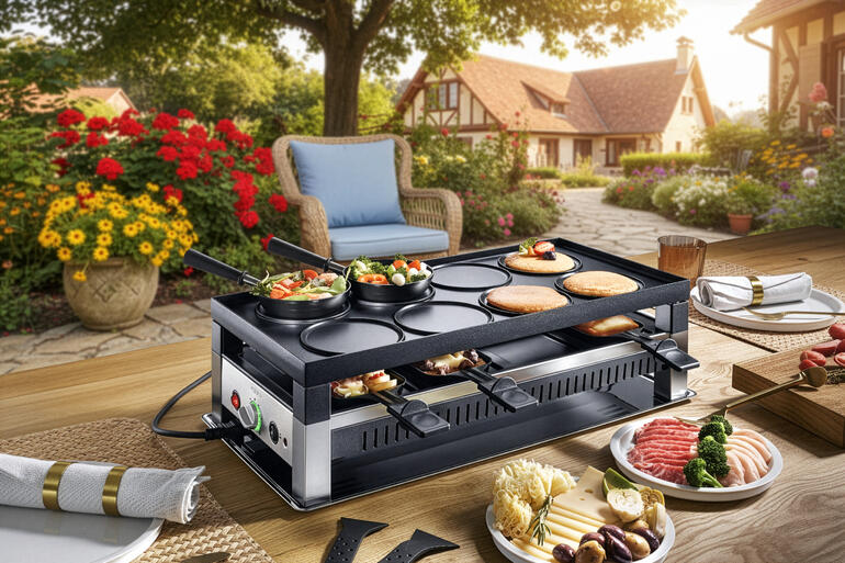 Solis 5-in-1 raclettegrill op een terras, omringd door planten en tafels.