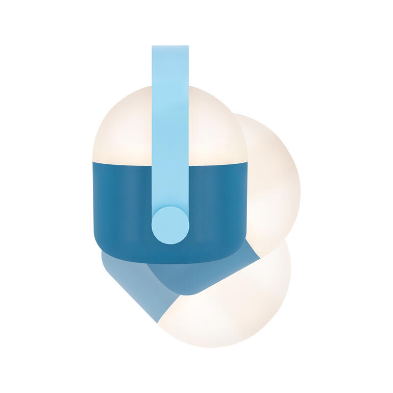 Blauwe mobiele acculamp met groene handgreep van voren.