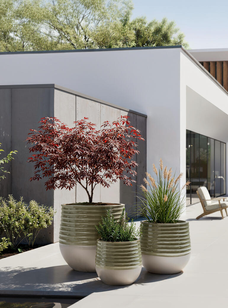 Drie bloempotten in keramisch ontwerp staan op een terras met planten.