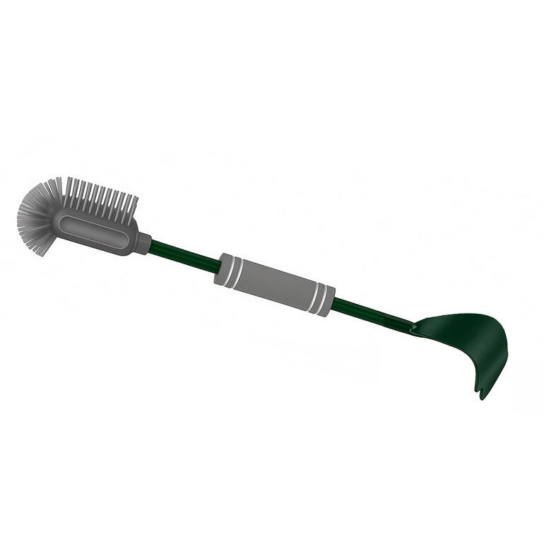 Reinigingsgereedschap voor grasmaaiers met een borstel en een schep aan het einde.