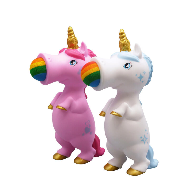 Twee eenhoorn-ploppers in roze en wit met een regenboogmond.