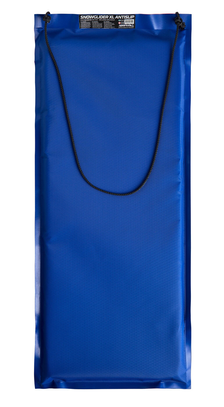 Blauwe XL-sneeuwslee liggend op een witte achtergrond.